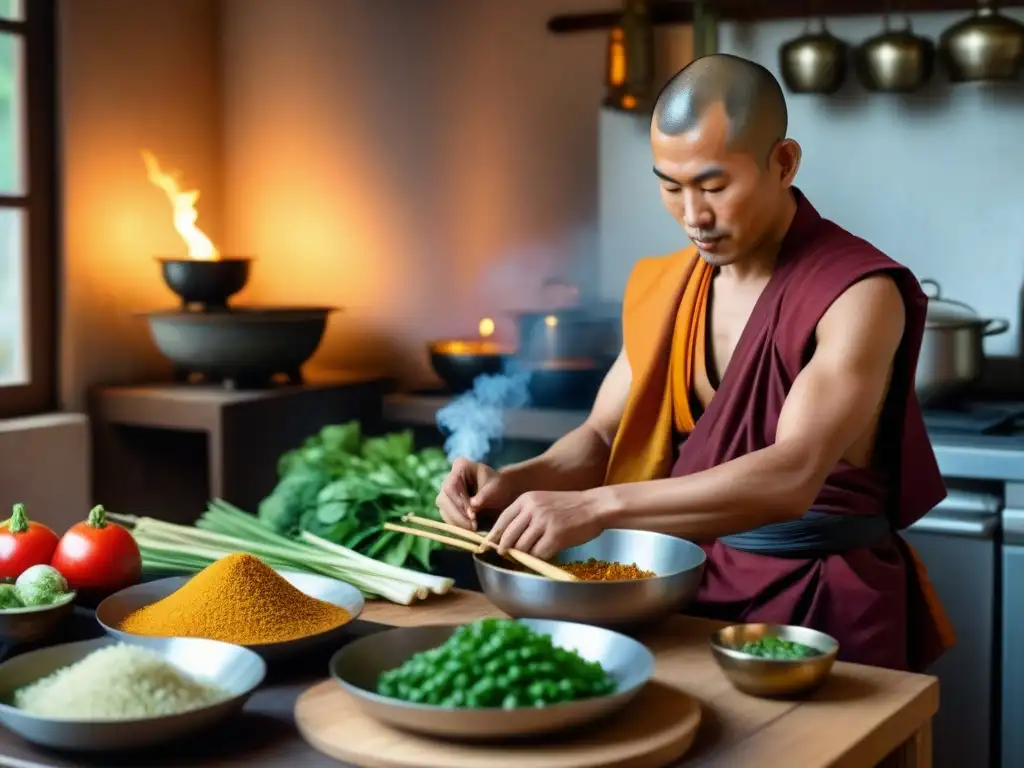 Cocina monástica: el arte sereno de preparar una comida tradicional Un monje budista prepara con precisión y serenidad una comida en una cocina monástica asiática llena de secretos de sabor