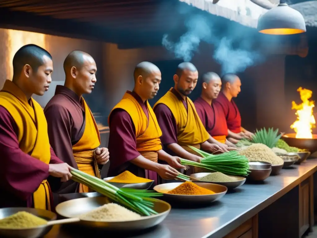 Meditación culinaria: Monjes preparando recetas ancestrales Monjes en cocina monástica asiática, preparando con secretos sabor
