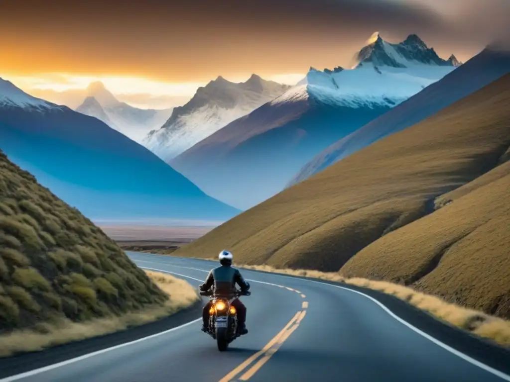 Épica travesía en moto al amanecer por los Andes Patagónicos Un motorista solitario recorriendo la Ruta de los Andes Patagónicos al amanecer, con picos nevados de fondo