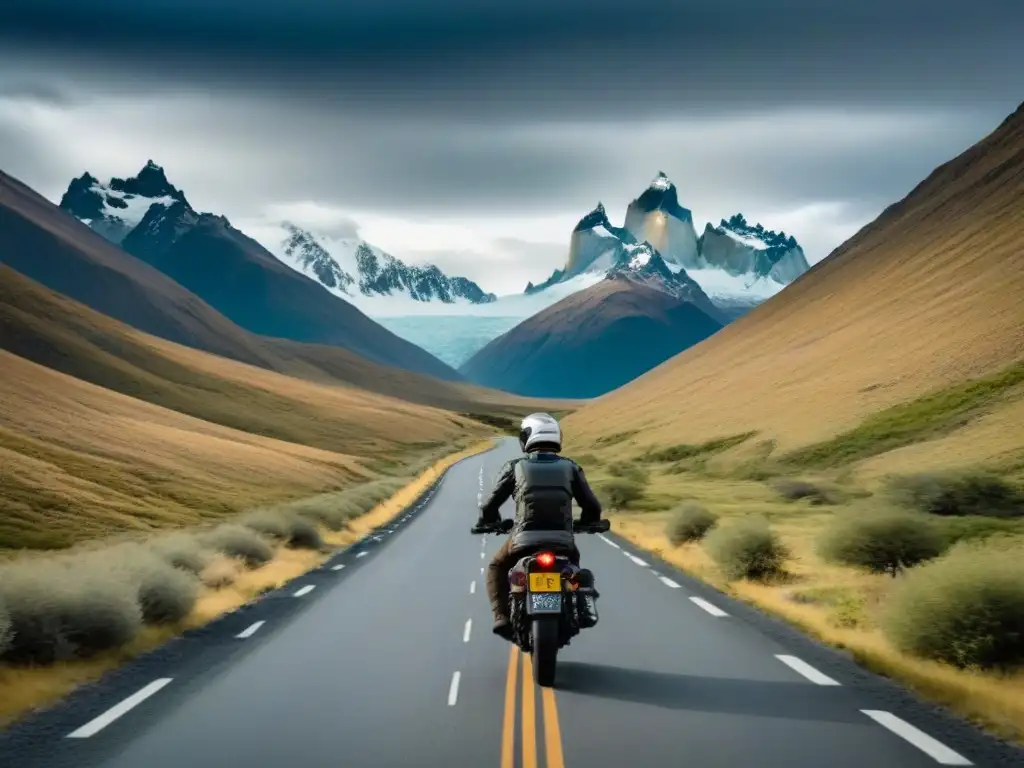 Explorando la Patagonia en moto: aventura y libertad en los Andes Un motorista solitario recorre una ruta en los Andes Patagónicos, entre montañas nevadas y cielos dramáticos