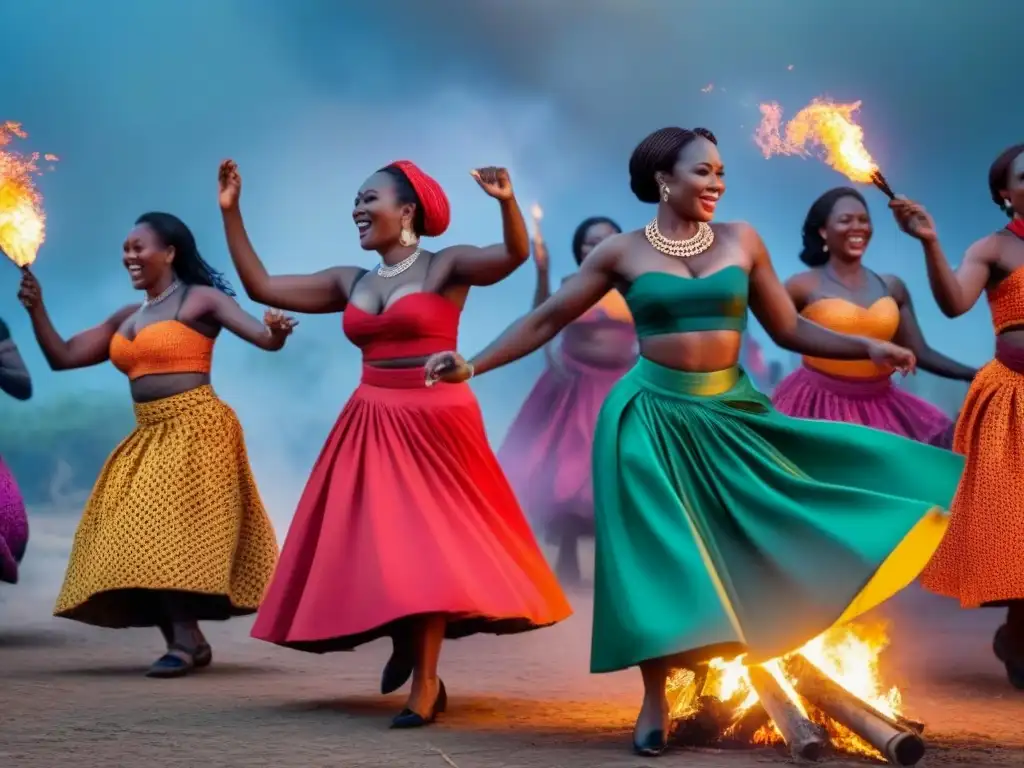 Danza alegre de mujeres zambianas alrededor de la fogata Mujeres zambianas danzando alrededor de una fogata bajo el cielo estrellado, celebrando tradiciones Zambia corazón África
