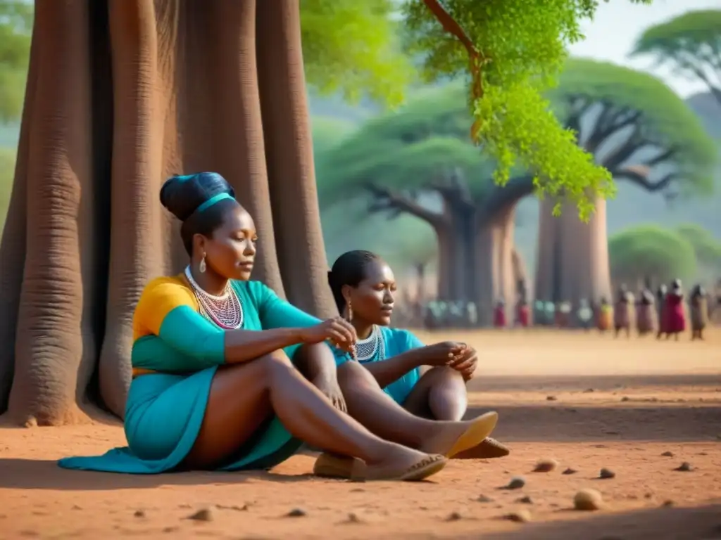 Artesanía ancestral: mujeres zambianas creando joyas bajo baobab Mujeres zambianas explorando tradiciones bajo baobab en África