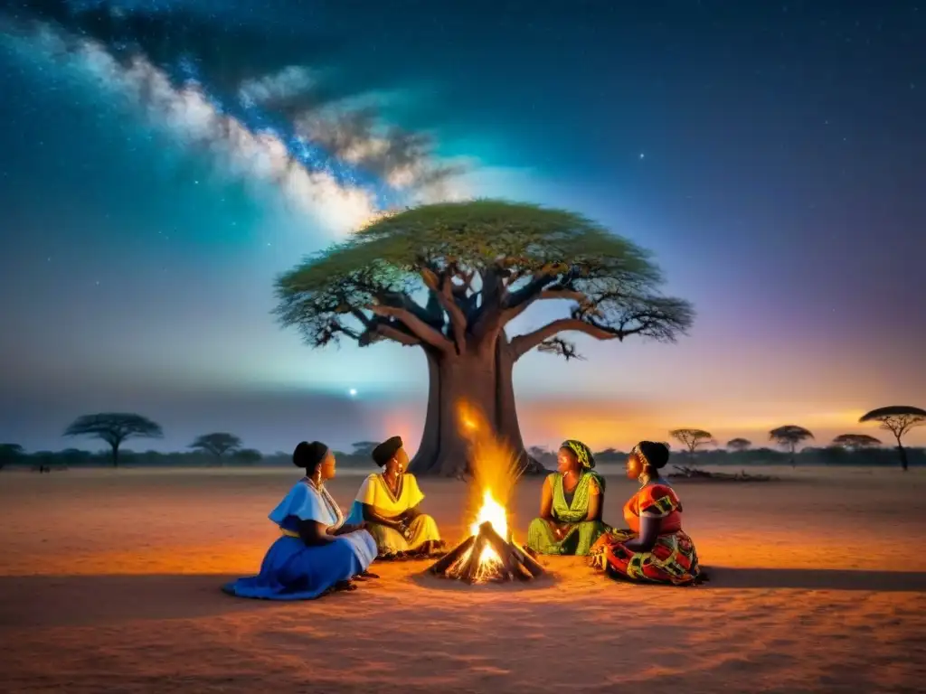 Conversación nocturna entre mujeres zambianas alrededor del fuego Mujeres zambianas en trajes tradicionales alrededor de una fogata bajo un cielo estrellado