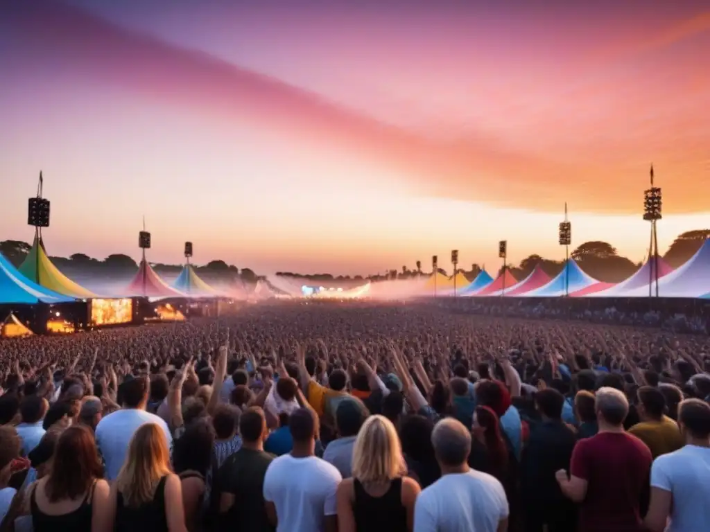 Multitud vibrante en Glastonbury Festival al atardecer Una multitud diversa y animada celebra en el Festival de Glastonbury al atardecer, reflejando la esencia de los festivales de música en viajes