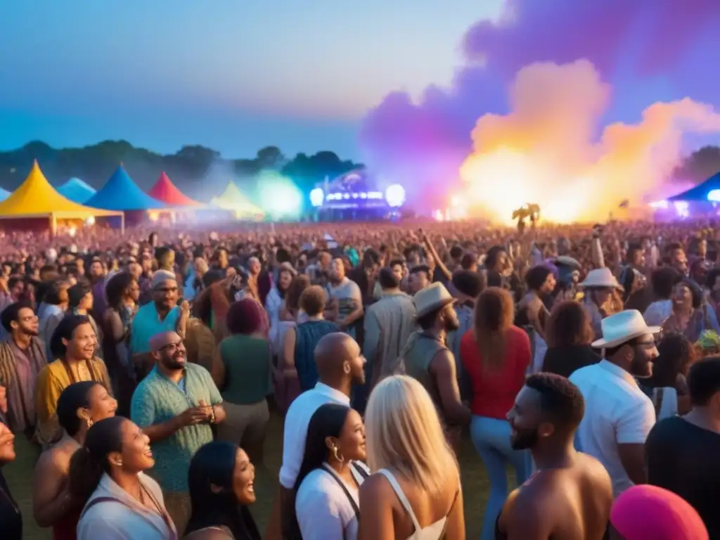 Éxtasis multicultural: festival de música bajo las estrellas Multitud festiva disfrutando de música en vivo bajo el cielo estrellado en un festival, transmitiendo la esencia de los Festivales de música en viajes