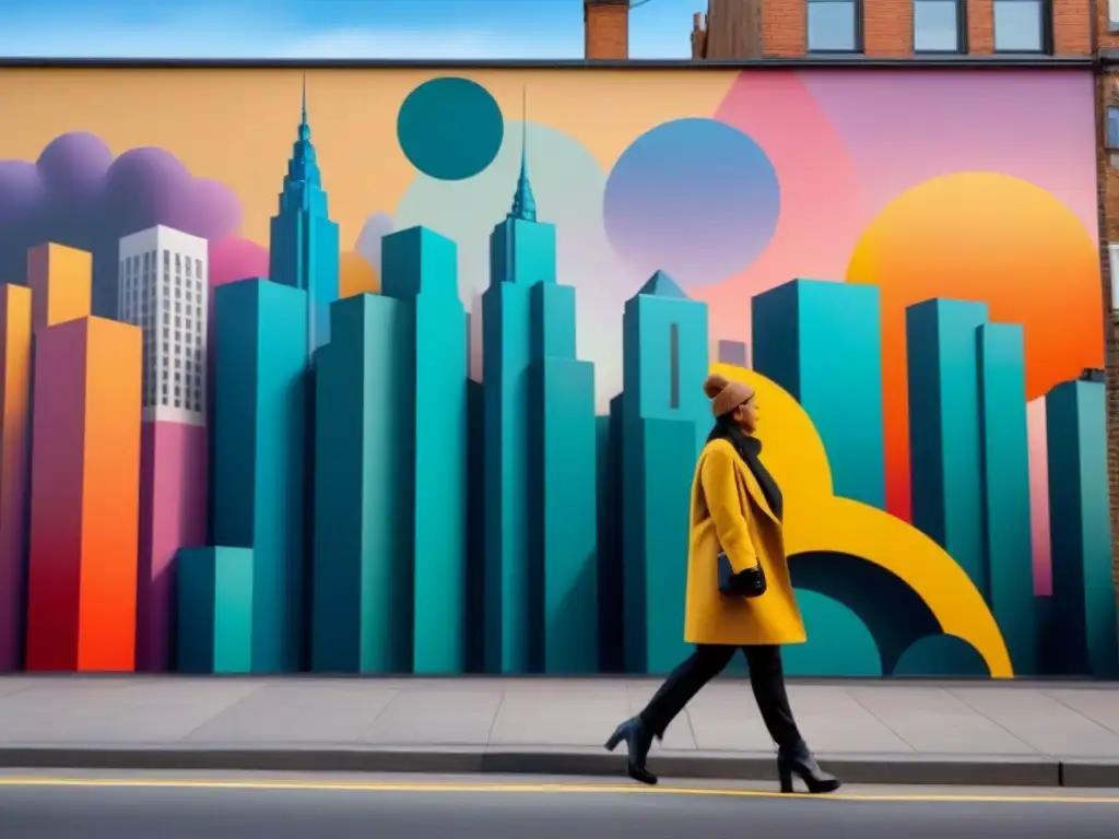 Un mural urbano vibrante y detallado en una bulliciosa ciudad
