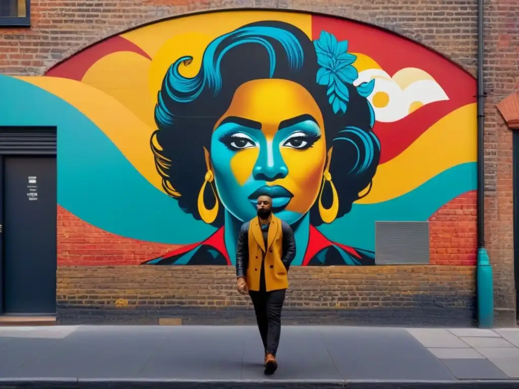 Un mural vibrante y detallado en una pared de ladrillo en un callejón urbano