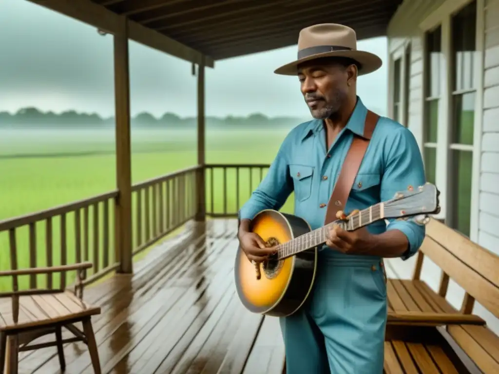 Blues del Delta: Músico con resonator guitar en porche sureño Un músico de blues del Delta toca una guitarra resonadora en un porche desgastado, rodeado de sillas mecedoras y un micrófono vintage