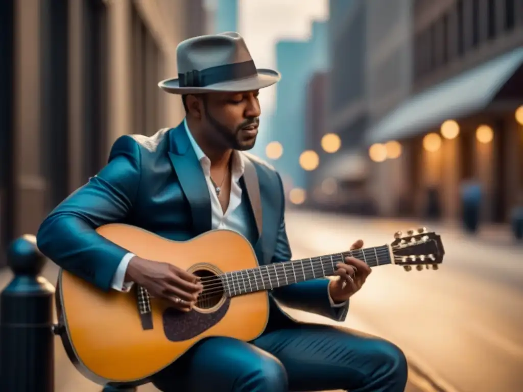 Emoción del blues: músico solitario en Chicago Un músico solitario del blues tocando con pasión en una esquina de Chicago, reflejando la esencia de la Ruta del blues Chicago Memphis