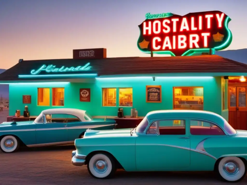¡Historias y café en la Ruta 66 al atardecer! <b> Noches con Extraños en Ruta 66: Un diner acogedor al atardecer, donde viajeros comparten risas y café