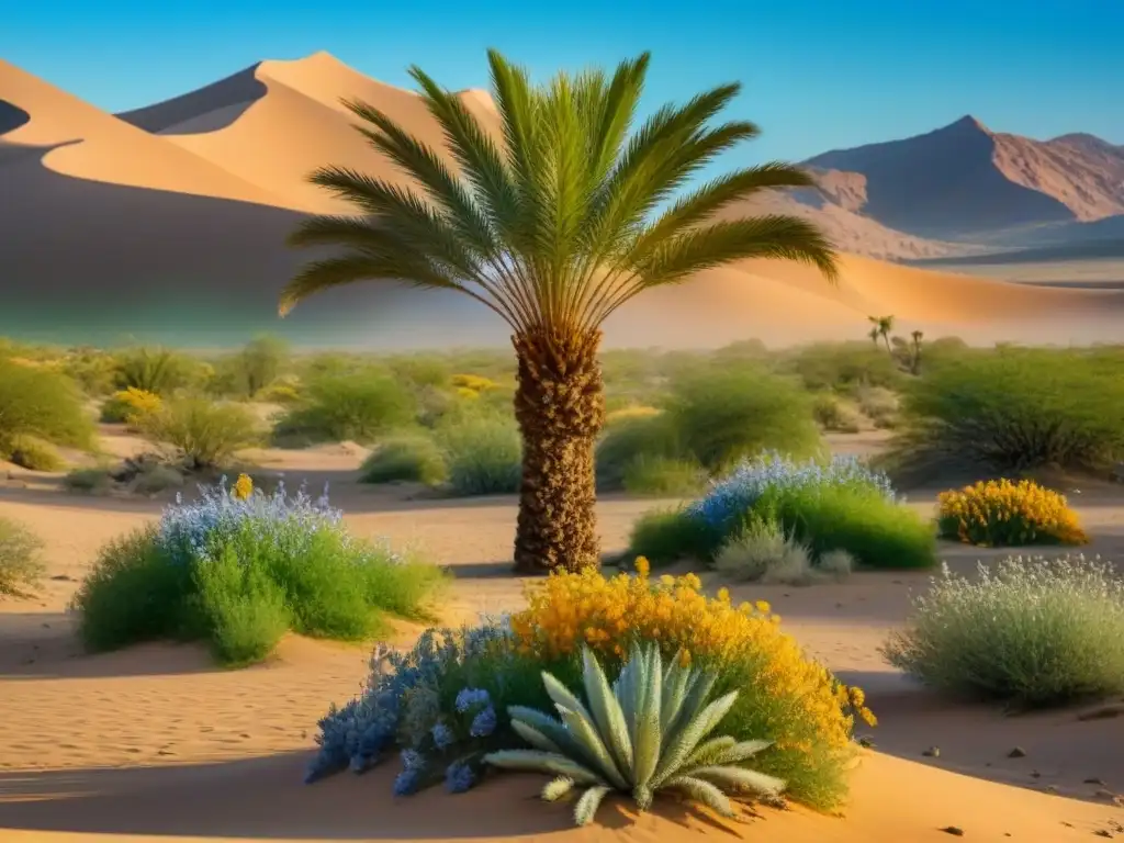 Oasis verde en desierto árido: contraste y belleza natural Un oasis en el desierto: una palmera rodeada de flores silvestres, contraste entre lo verde y lo árido