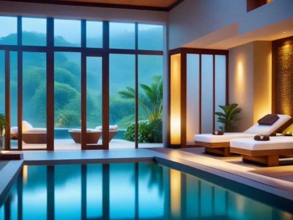 Oasis de relajación: piscina serena y exuberante spa Un oasis escondido: piscina interior serena, vegetación exuberante y luz suave