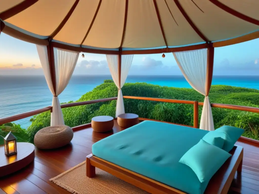Glamping de lujo en isla tropical: romance al atardecer Un oasis de glamping de lujo en una isla exótica, con cama king, cálida iluminación y vista al mar