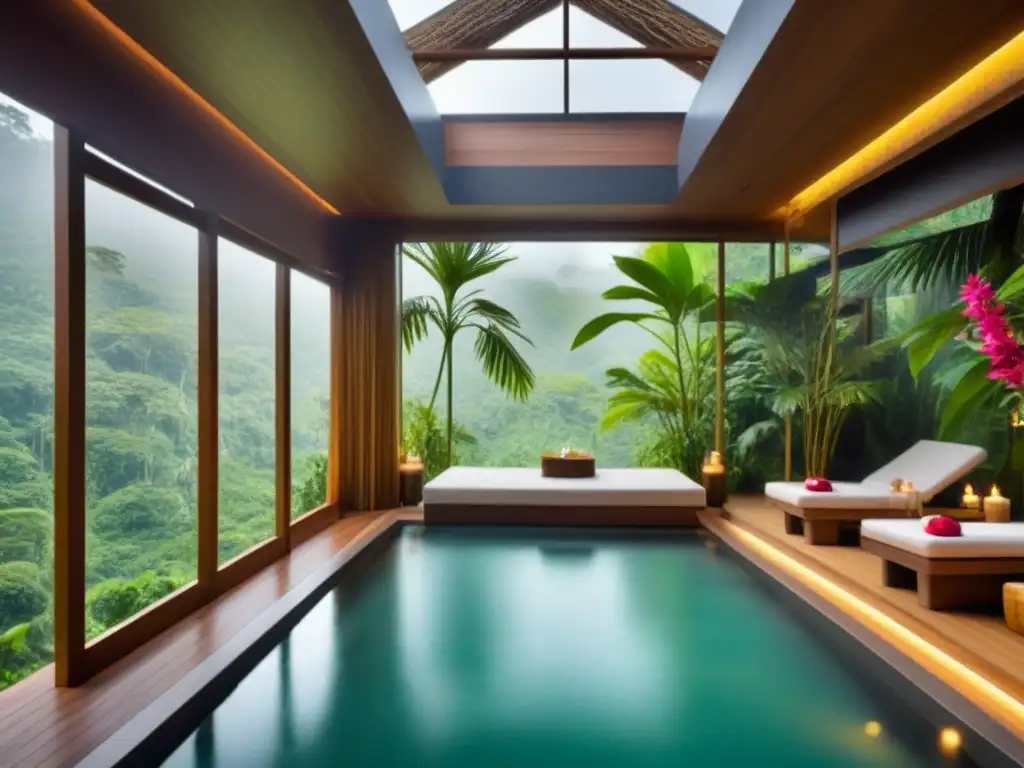 Spa de lujo en la selva tropical: paraíso de relajación Un oasis de spa de lujo en medio de la selva tropical con cascadas, vegetación exuberante y tratamientos relajantes