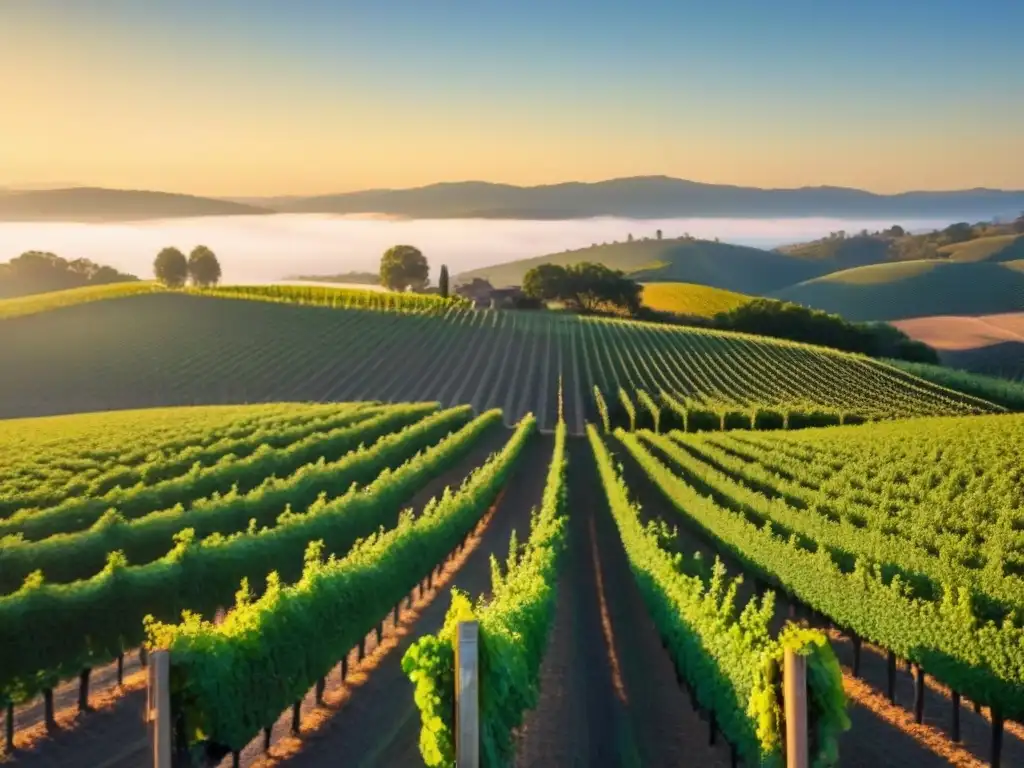 Atardecer dorado en viñedo de Napa Valley Paisaje dorado del viñedo en Napa Valley al atardecer, transmitiendo la serenidad del Festival de Vino Napa Valley