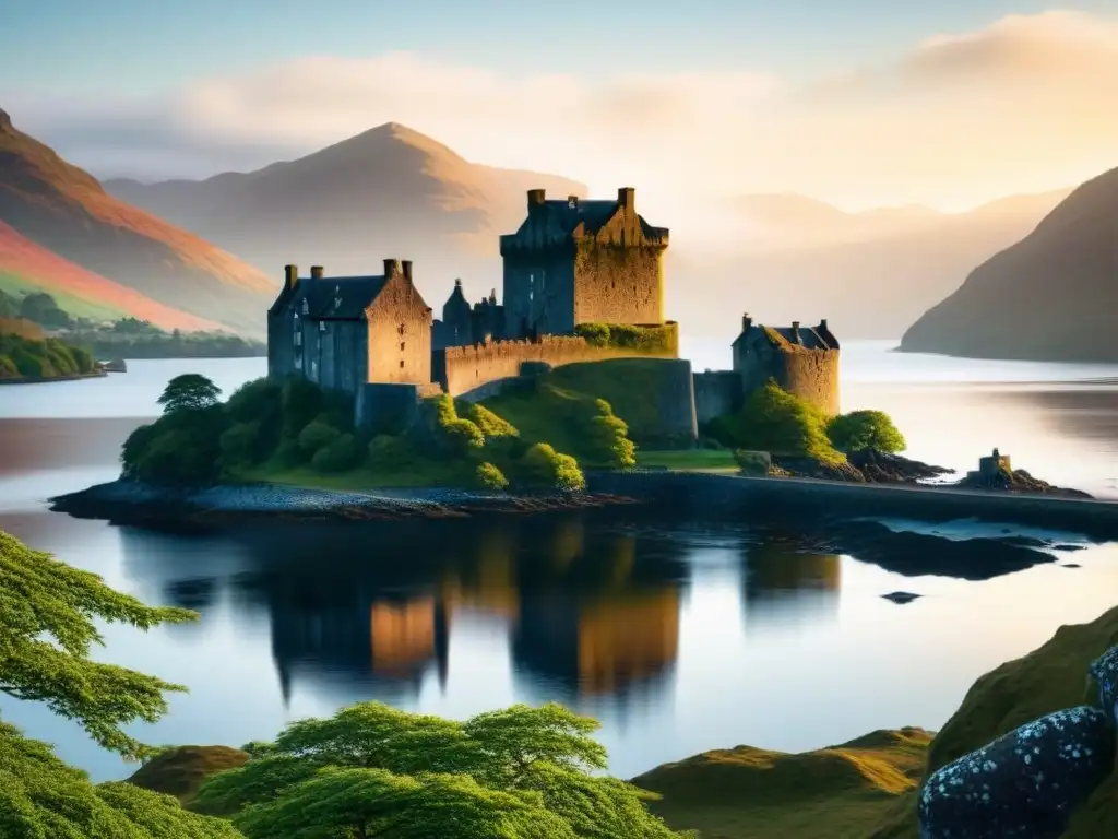 Un paisaje mágico: el sol se pone tras el icónico Castillo de Eilean Donan en Escocia, reflejando su belleza en un lago sereno