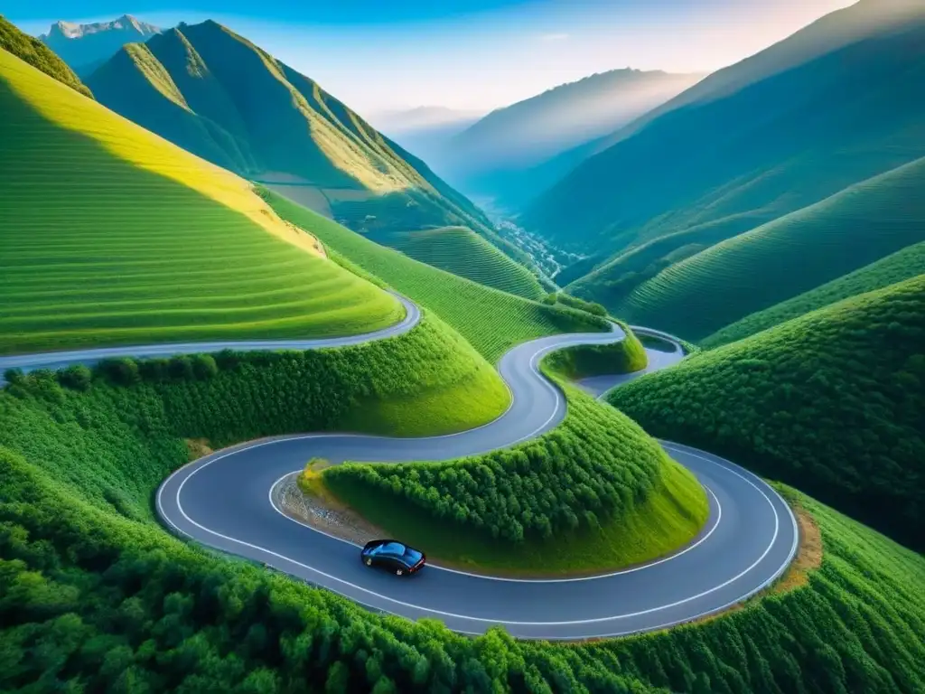Carretera de montaña en lujo: deportivos en paisaje majestuoso Un paisaje de rutas de lujo por carretera entre montañas, con coches deportivos y un cielo azul