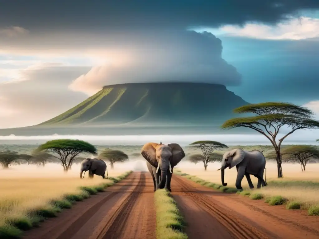 Explora la belleza salvaje de África: paisaje detallado con fauna y flora nativa Un paisaje salvaje en África con rutas remotas, acacias, elefantes y cebras bajo un cielo dramático