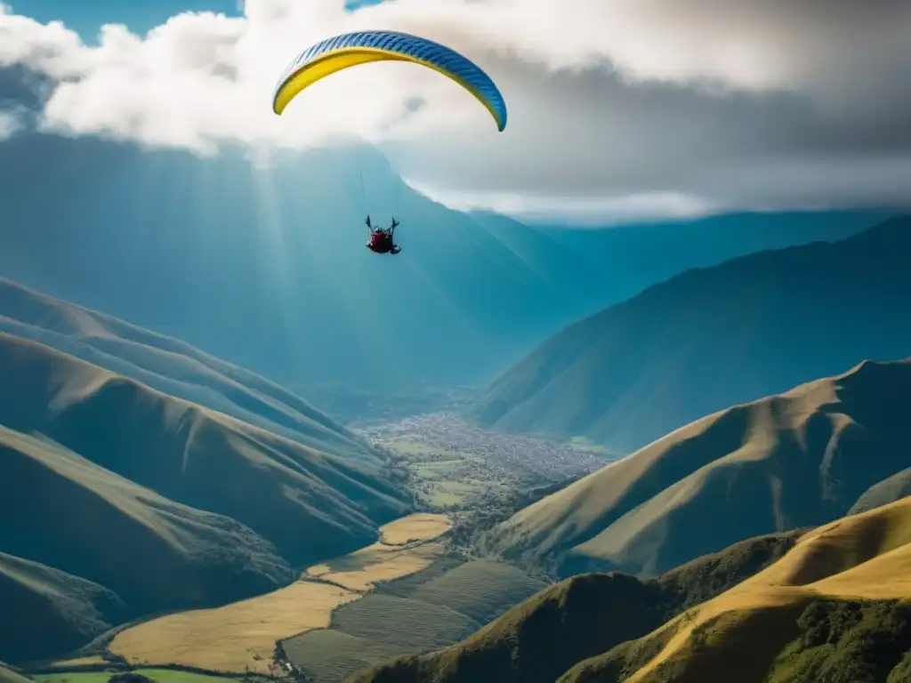 Parapente en los Andes de Colombia: vuelo majestuoso sobre picos y valles Un parapentista surca los cielos de los Andes de Colombia, ruta cóndor
