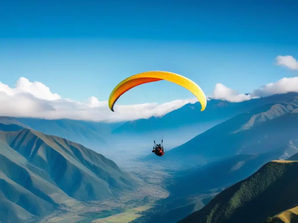 Vuelo en parapente sobre los Andes: Ruta del Cóndor Un parapentista surca los majestuosos Andes de Colombia en la Ruta del Cóndor, junto a un cóndor, transmitiendo aventura y libertad