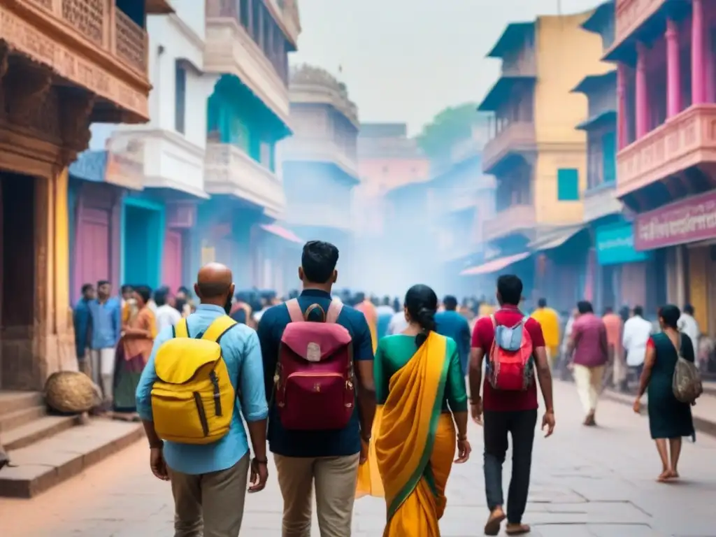 Viaje espiritual: peregrinos modernos en Varanasi Peregrinaciones modernas en India: grupo diverso de peregrinos recorriendo bulliciosas calles de Varanasi, absorbiendo atmósfera espiritual