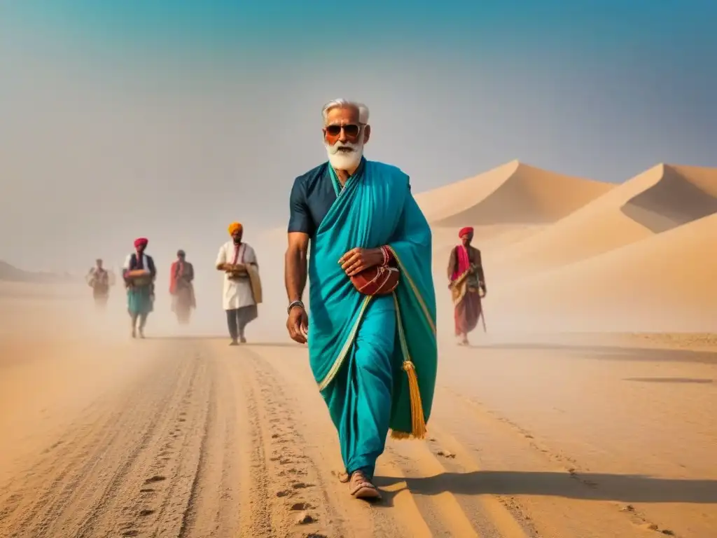Coloridos peregrinos indios en desierto sagrado Peregrinaciones modernas en India: grupo de peregrinos caminando descalzos por carretera polvorienta bajo el sol abrasador
