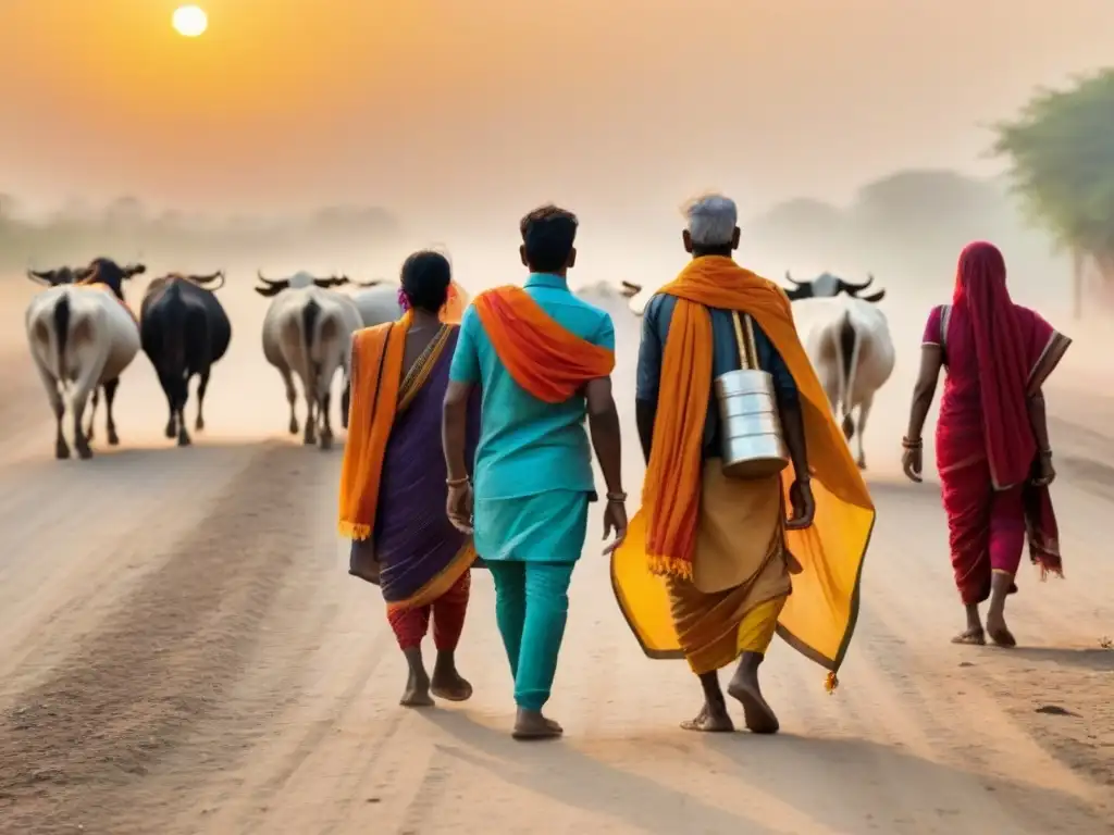 Travesía espiritual al atardecer: peregrinos en India Peregrinaciones modernas en India: Grupo de peregrinos descalzos caminando al atardecer con ofrendas y saris coloridos