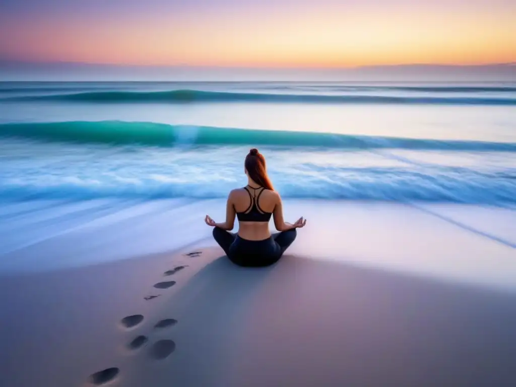 Persona practicando yoga en la playa al amanecer, transmitiendo paz y serenidad