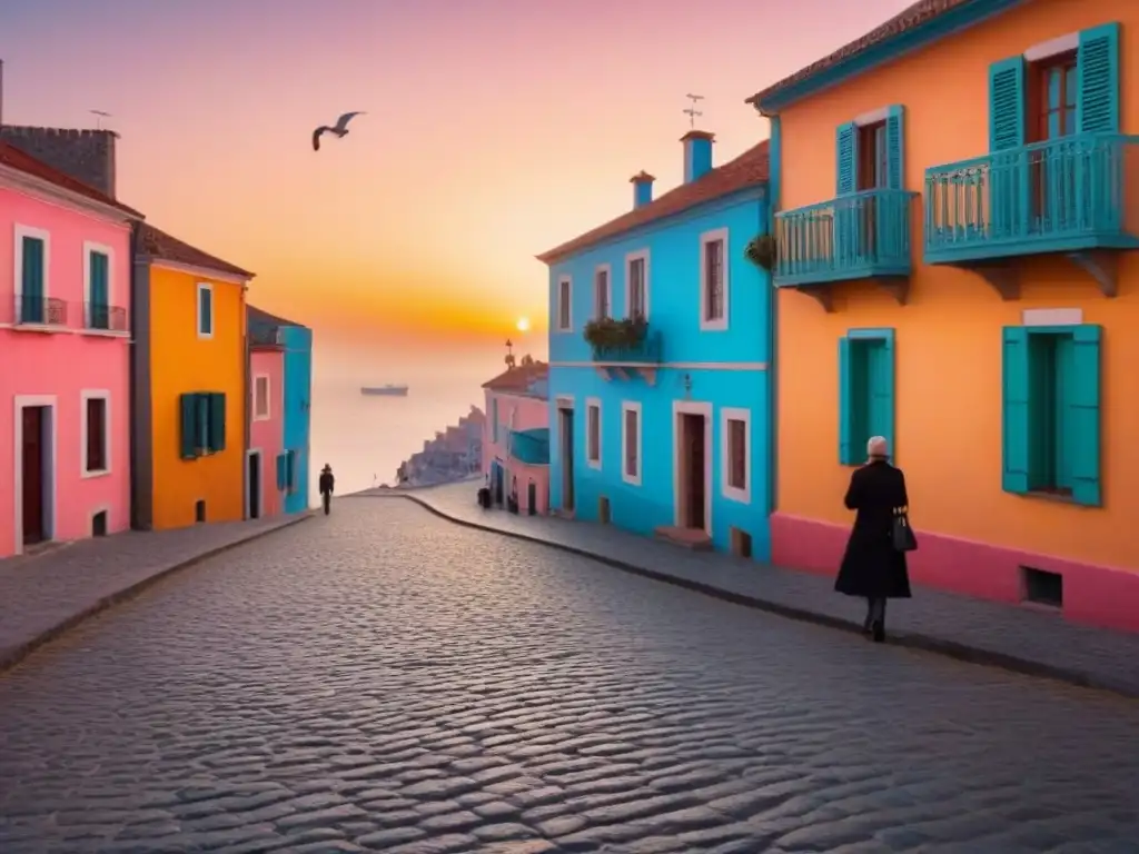 Puesta de sol vibrante en un pueblo costero pintoresco Pintoresco atardecer sobre un pueblo costero, reflejos dorados en edificios pastel, sombras largas en calles empedradas