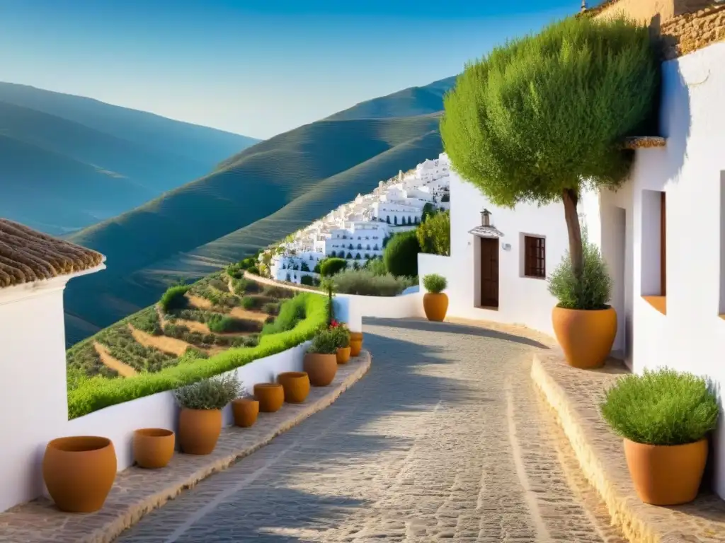 Vista panorámica de un pueblo blanco en Andalucía Un pintoresco pueblo blanco en las colinas de Andalucía, con flores coloridas y terrazas al atardecer