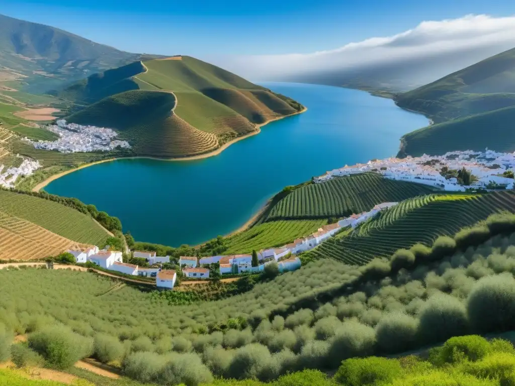 Zahara de la Sierra: Vista panorámica de un pueblo blanco en Andalucía Pintoresco pueblo blanco en colinas de Andalucía con embalse y naturaleza exuberante