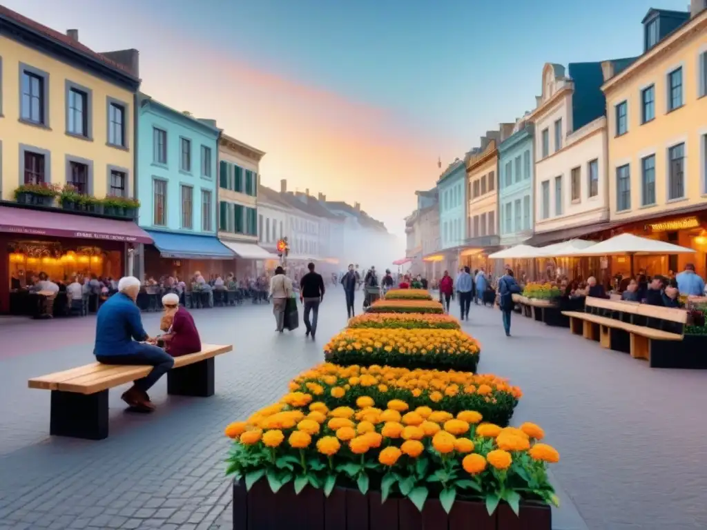 Plaza vibrante al atardecer: música, gente y encanto urbano Una plaza bulliciosa llena de vida al atardecer, con gente de todas las edades y fondos, disfrutando de la música callejera