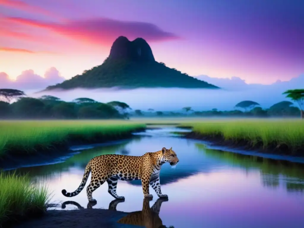 Espléndido atardecer en El Pantanal: jaguar y aves en acción Una puesta de sol vibrante sobre El Pantanal en Brasil, con un jaguar silueteado y aves exóticas en vuelo
