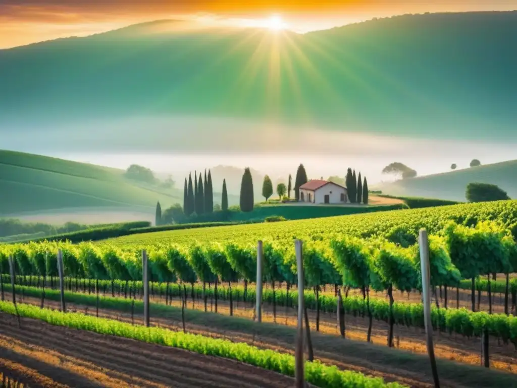 Viñedos dorados bañados por el sol: belleza y tranquilidad en bodega Rayos dorados iluminan viñedos verdes y una bodega en colinas