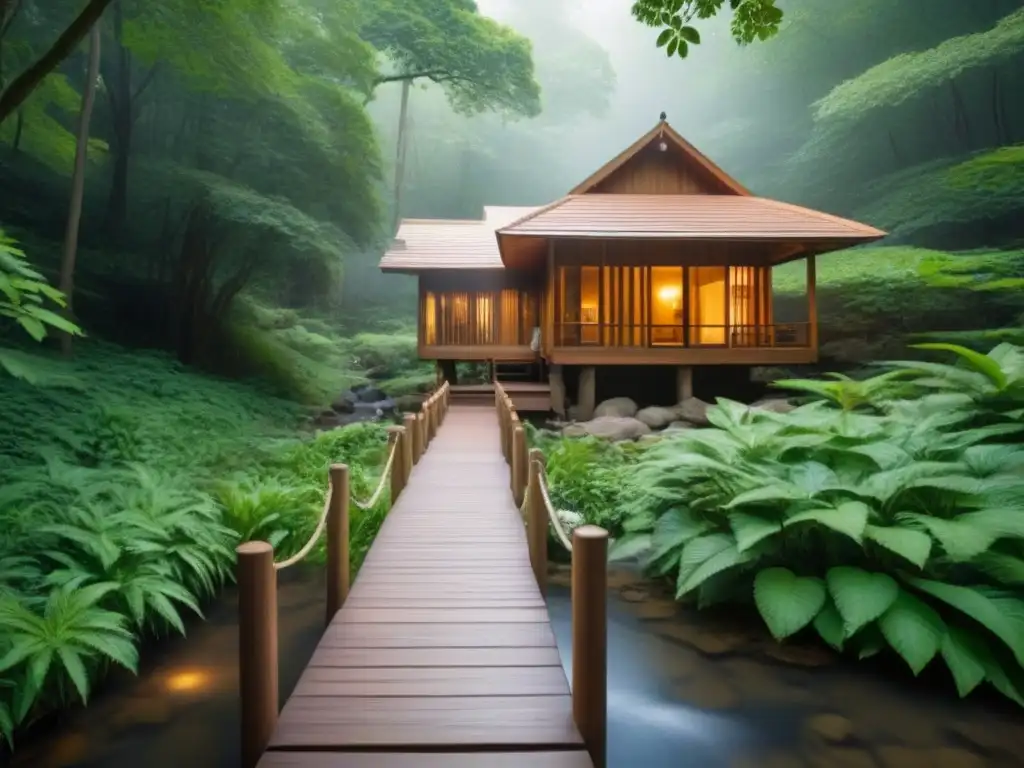 Refugio de bienestar en el bosque: Serenidad y naturaleza Un refugio de bienestar escondido en un bosque exuberante, con una cabaña de madera y un arroyo sereno
