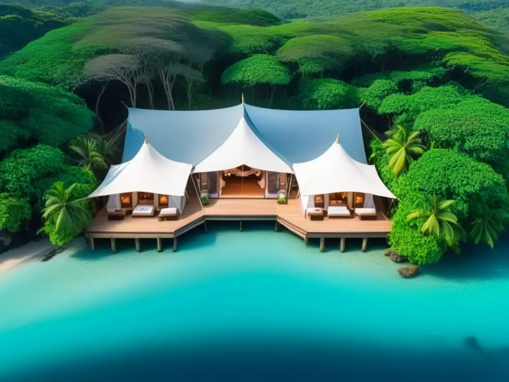 Glamping de lujo en isla exótica: elegancia natural y romanticismo Un refugio de glamping en una isla exótica, entre exuberante vegetación tropical y un mar turquesa