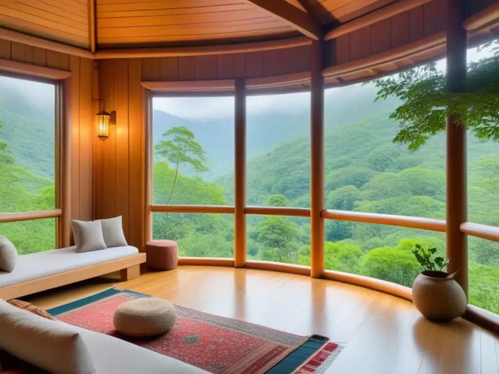 Retiro de meditación en las montañas: serenidad y naturaleza Un refugio de meditación en las montañas verdes con viajeros contemplativos