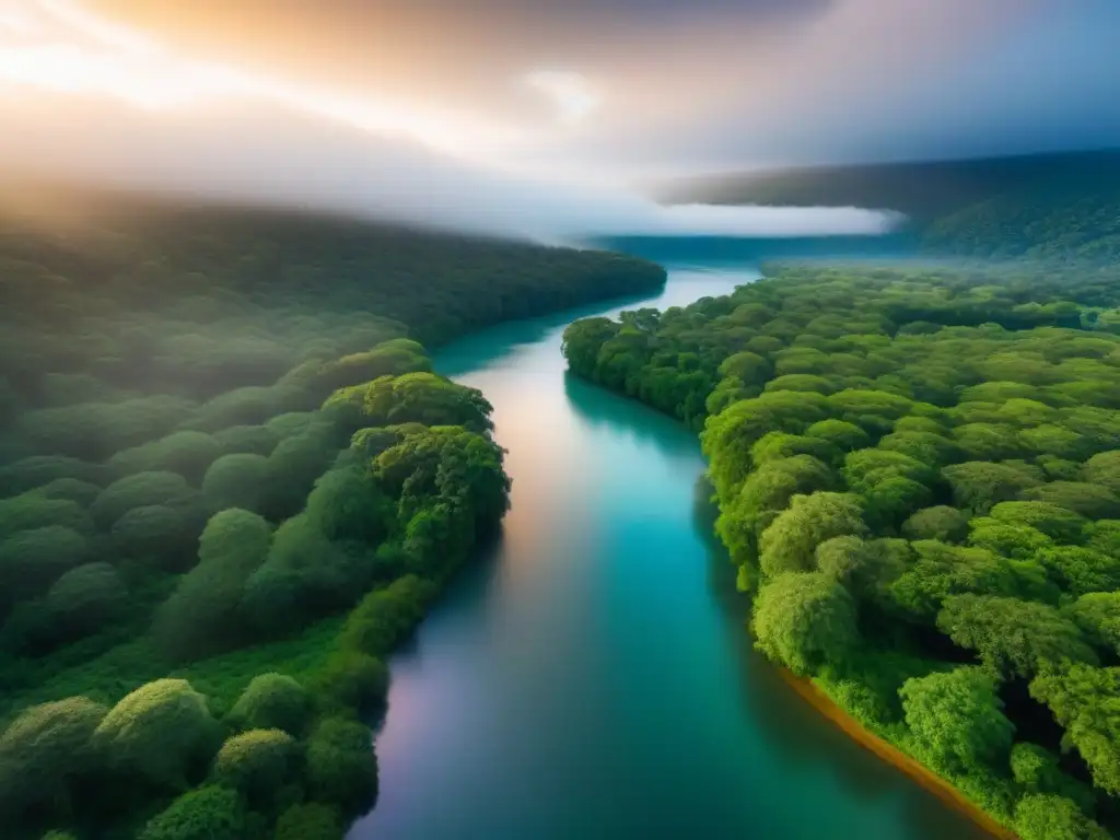Refugio de salud en el bosque: serenidad y rejuvenación Un refugio de salud escondido en un frondoso bosque con un río serpenteante