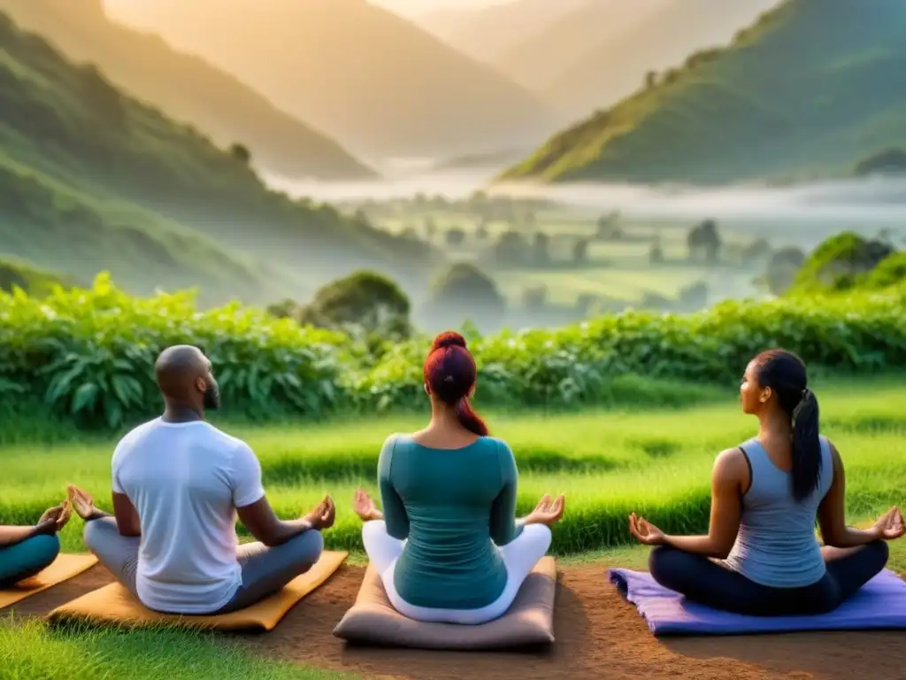 Retiro de bienestar en carretera: grupo diverso en meditación al amanecer, rodeados de naturaleza serena