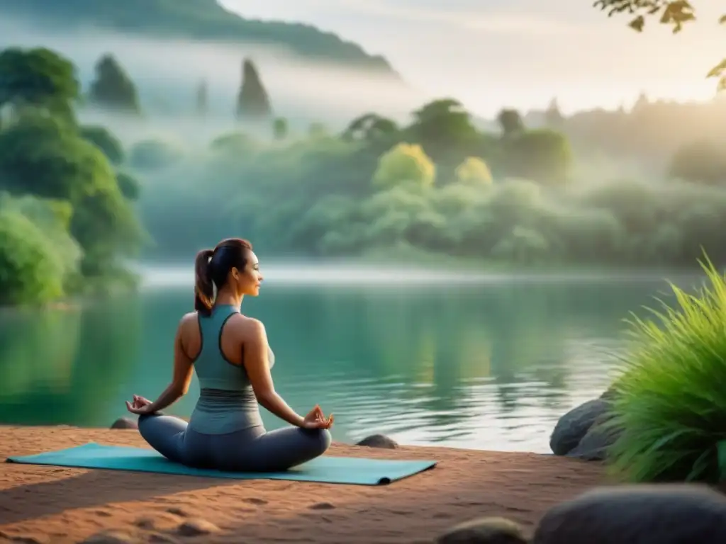 Retiro de bienestar en la carretera: Practicantes de yoga en armonía con la naturaleza al amanecer en un lago sereno