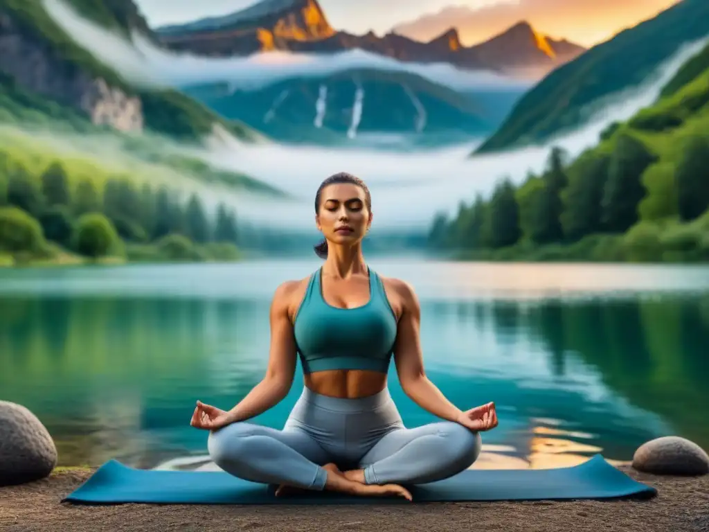 Retiro de bienestar en carretera: Practicantes de yoga al amanecer junto a un lago, rodeados de montañas verdes y cielo azul