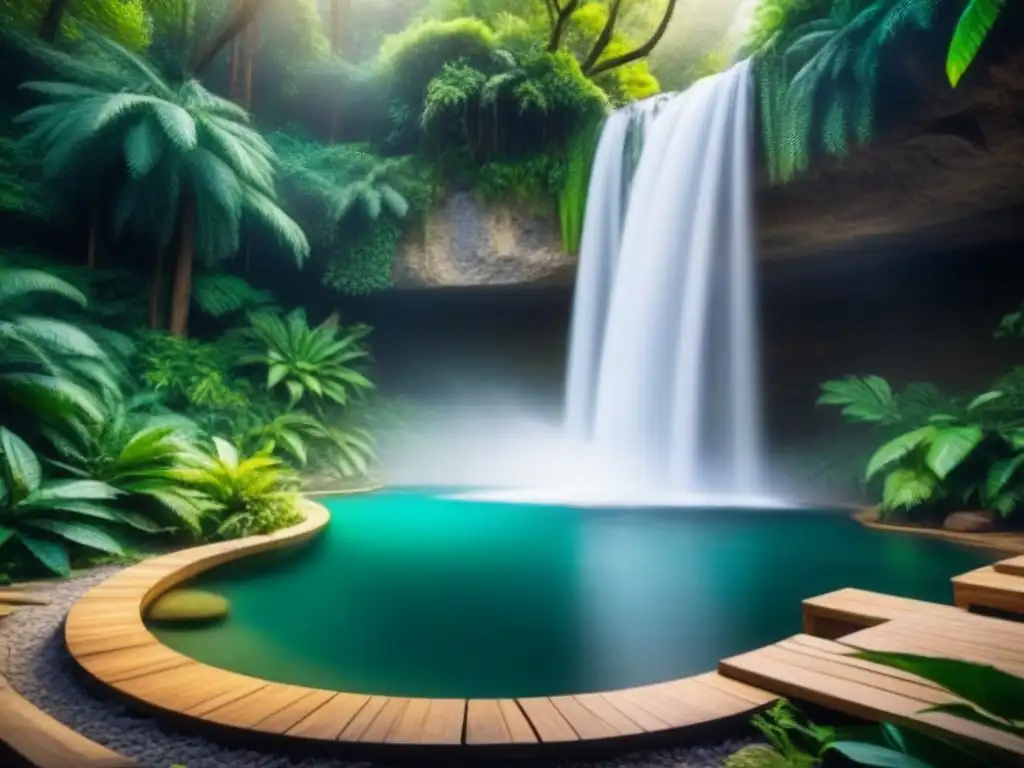 Retiro de salud en la selva: cascada cristalina en oasis natural Un retiro de salud escondido en un bosque, con cascada y piscina natural