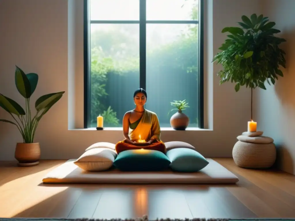 Sala de meditación serena con luz y tranquilidad Un retiro de meditación transformador en una habitación serena y acogedora, con luz cálida y elementos zen