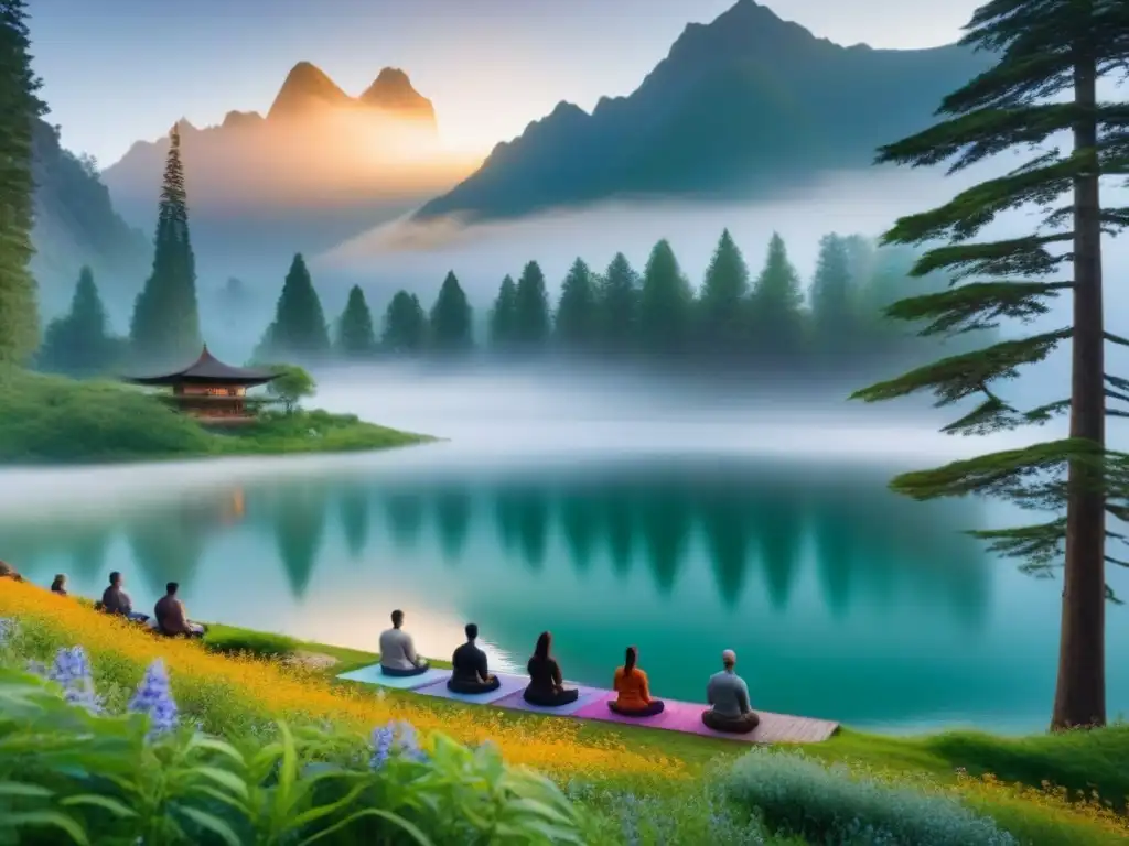 Retiro de meditación en la naturaleza: serenidad y transformación Un retiro de meditación transformador en las montañas brumosas con un grupo meditando junto a un sereno guía espiritual