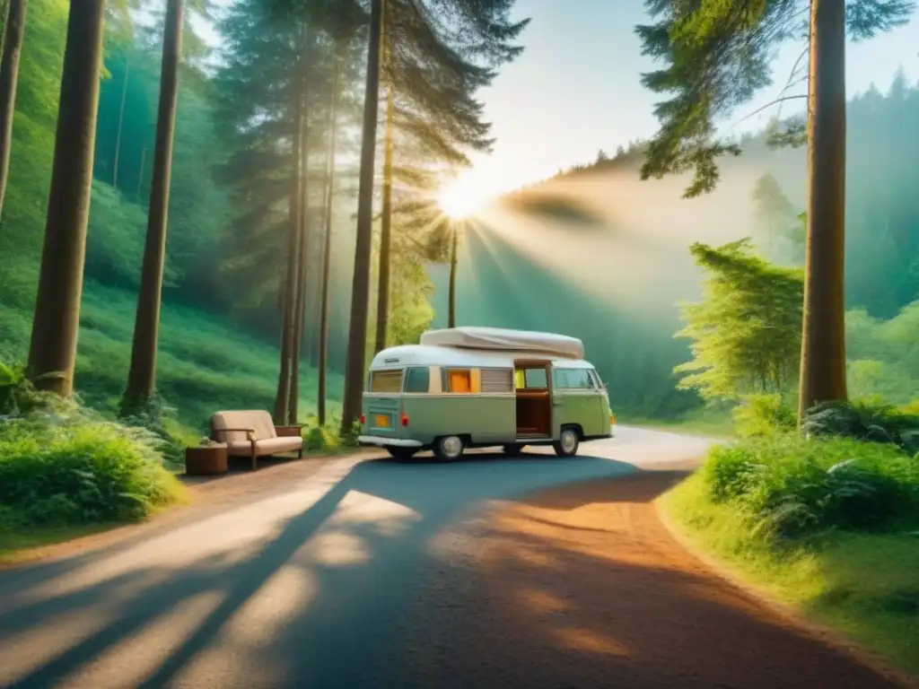 Viaje interior: meditación en la naturaleza Un retiro de meditación para viajeros: en un bosque denso, un camino serpenteante lleva a una camper vintage con cojines de meditación