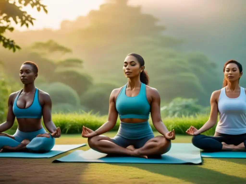 Retiros de bienestar en carretera: Grupo practica yoga al amanecer en la naturaleza, mostrando armonía y paz interior