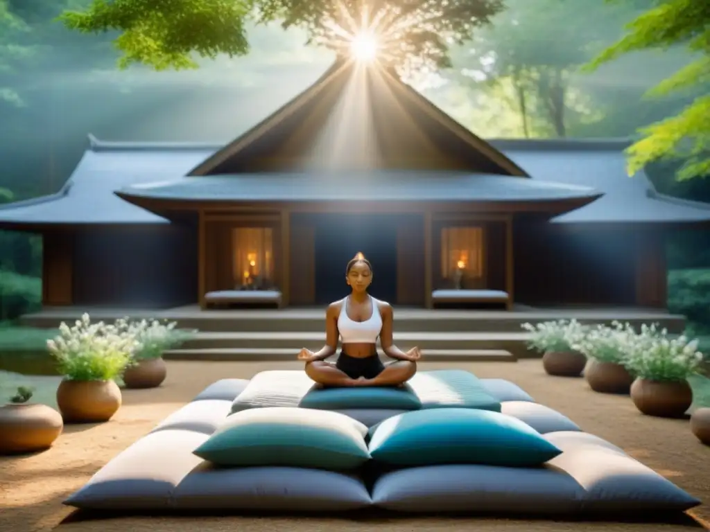 Retiro espiritual en el bosque: meditación y conexión en la naturaleza Retiros de meditación transformadores en un centro de serenidad en el bosque, con luz natural filtrándose entre ramas