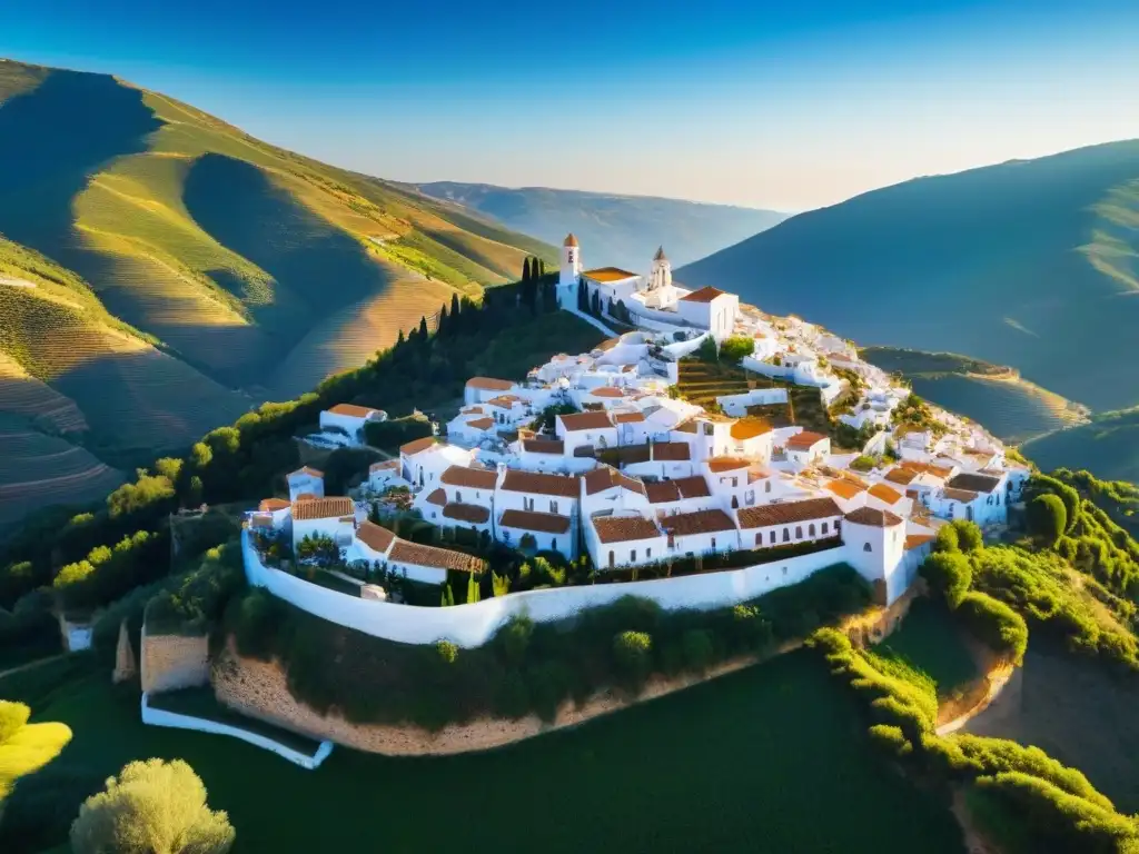 Vistas aéreas impresionantes de pueblos blancos en Andalucía Explora la ruta de los pueblos blancos de Andalucía profunda bajo el cálido sol del sur de España