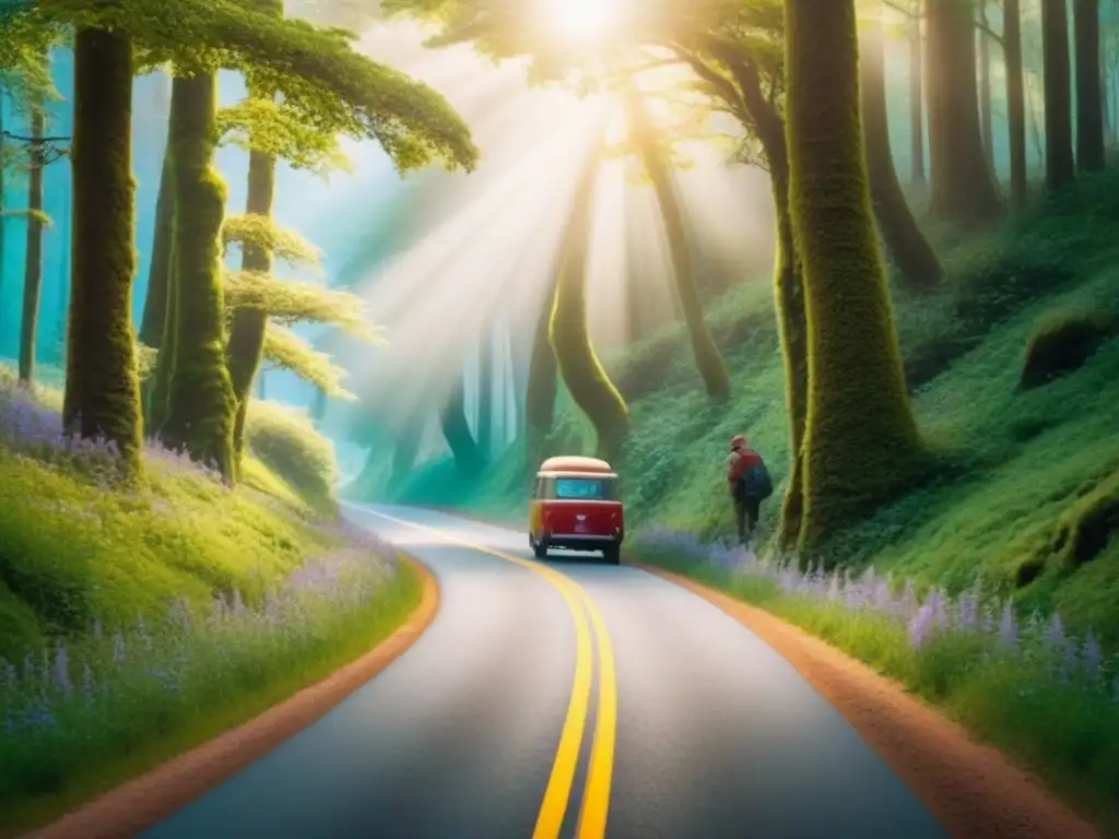 Camino mágico a través del bosque: viaje familiar lleno de aventuras Una ruta de viaje por carretera a través de un bosque encantado, con un aura mágica y familiar