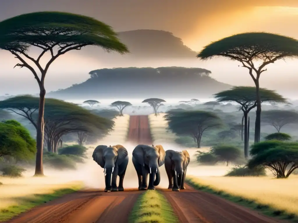 Viaje épico: Elefantes cruzando la sabana africana al atardecer Rutas remotas de África: Sendero de tierra serpenteando en la sabana con elefantes y acacias al atardecer